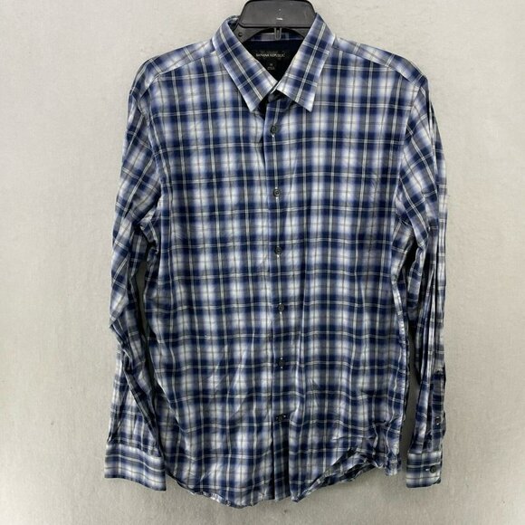 Banana Republic Button-Up Shirt Men Sz M Blue Plaid Collared Long Sleeve Stretch - Picture 1 of 12